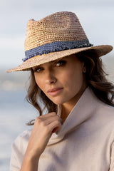 Christine - Raffia Fedora - Natural/Cobalt